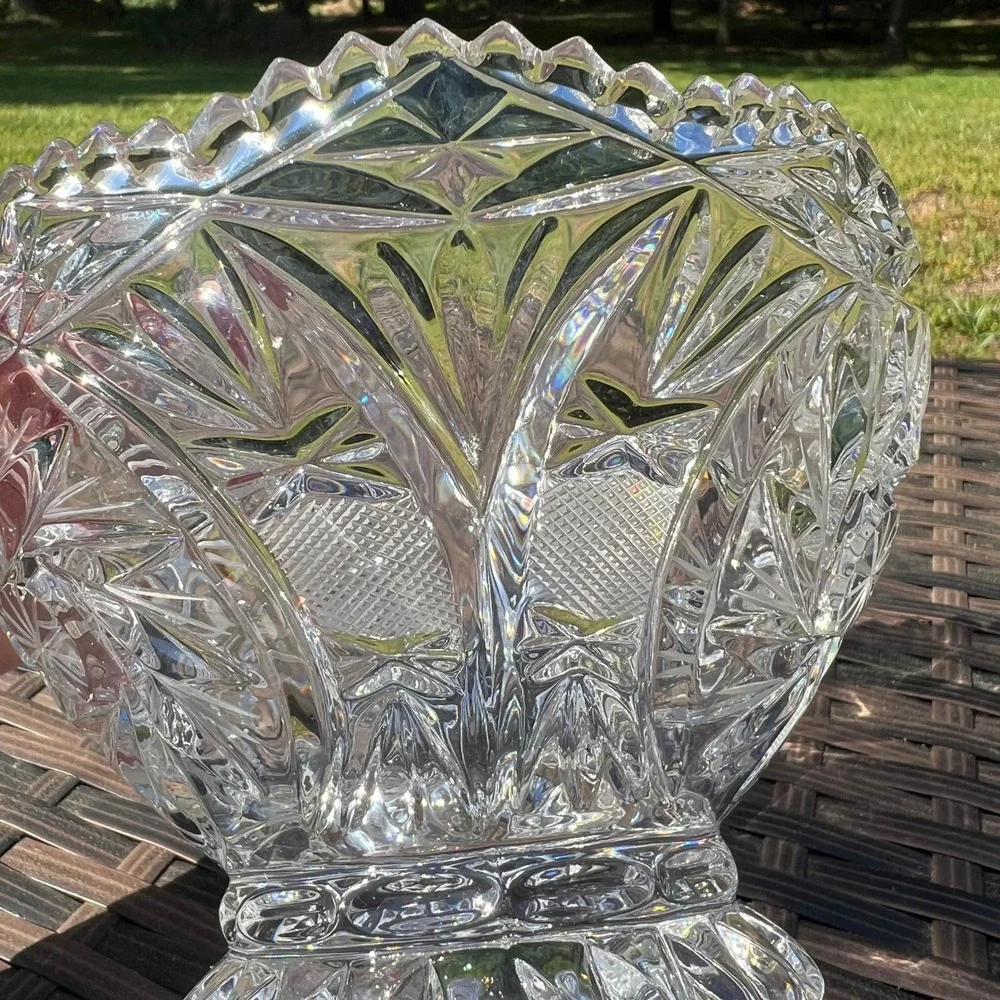 Vintage Cut‎ Lead Crystal Bowl Pinwheel Hobstar Pattern Pedestal Foot Scalloped